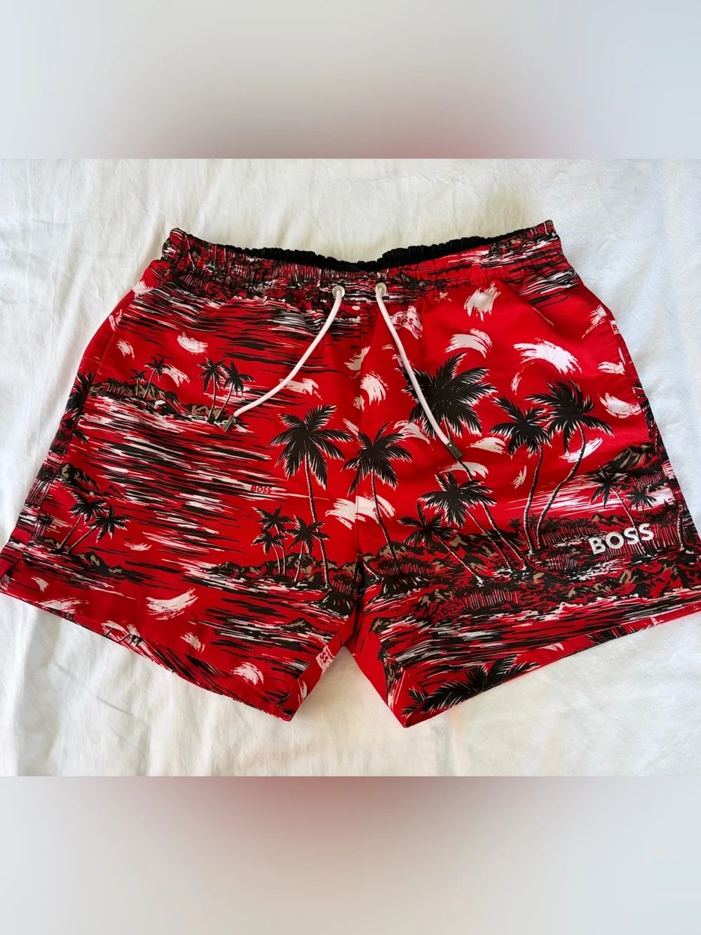 Boss Red Springfish Palm-Print Swim Trunks
